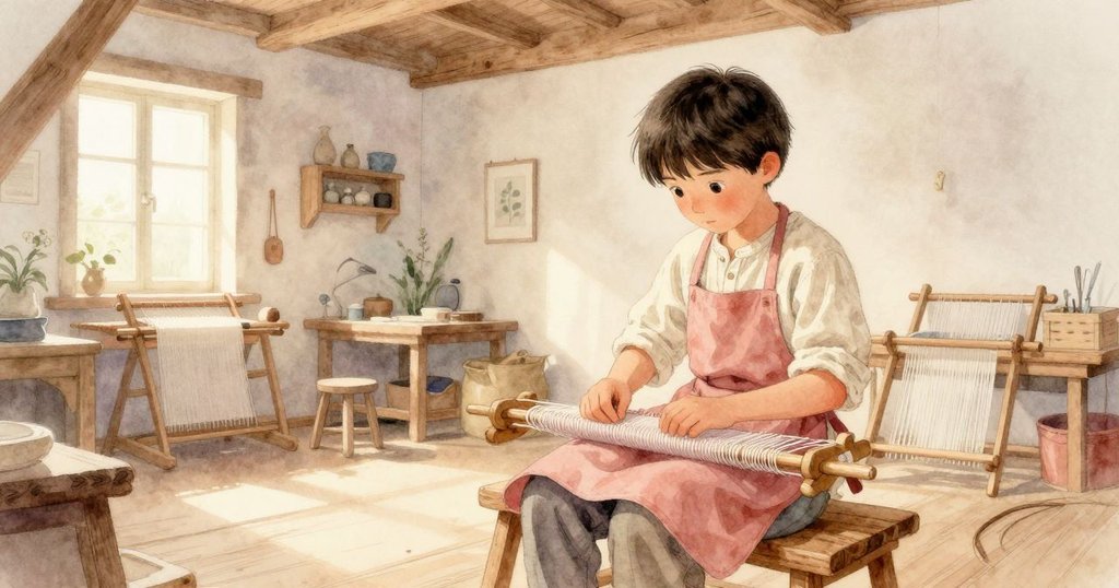 奧托在光線溫暖的工作室中開始織布，透過高窗呈現寧靜晨景，展現開始探索神秘痕跡的情緒