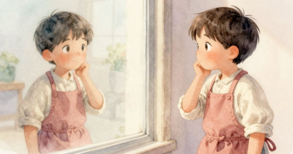 奧托在窗邊凝望，其倒影與晨光交織，呈現出疑惑與內省的情緒