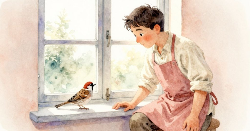 奧托與窗邊小麻雀溫柔互動，雙方目光交會傳遞著好奇與理解，展現人與自然的默契