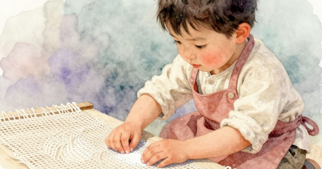 奧托細心展開布匹，布上融合粉筆灰的圖案，象徵著記憶與謎團交織的深意，呈現出平靜與深思