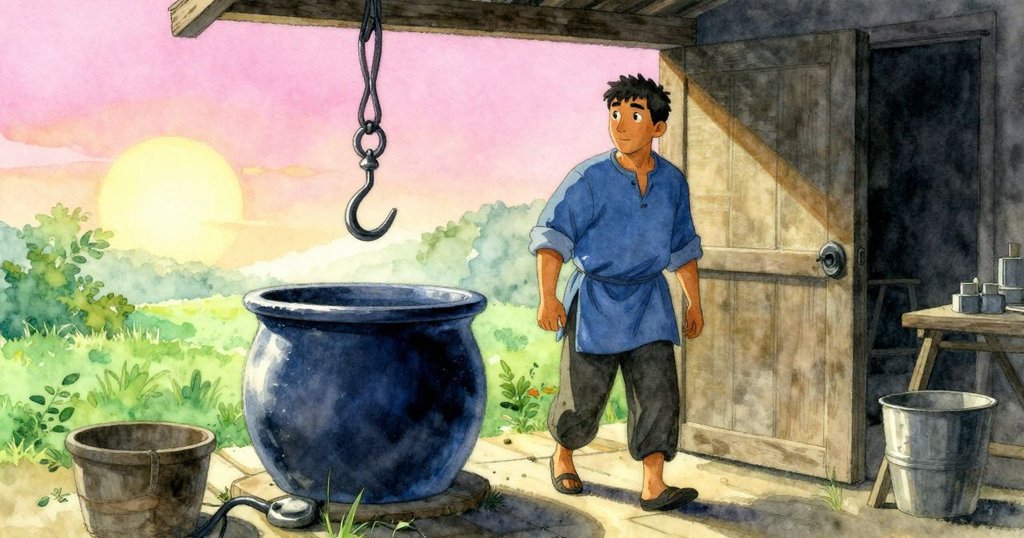 巴雷特踏入晨光中的工作室，注意到懸空空鉤和沉靜靛藍液池，神情好奇