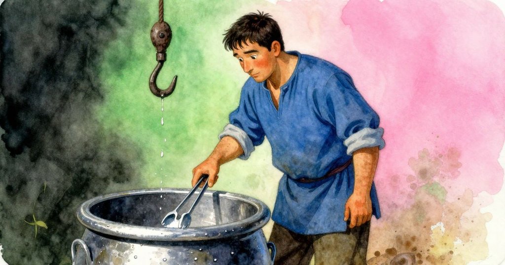 巴雷特手持滴水鉗，對比空掛鉤上積塵與潮濕布料，動作專注，畫面細膩