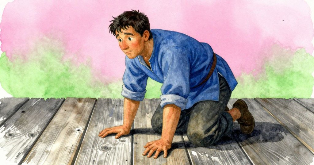 巴雷特俯身搜尋舊色繽紛布料，地板老舊，回憶與現實交織，氛圍懷舊