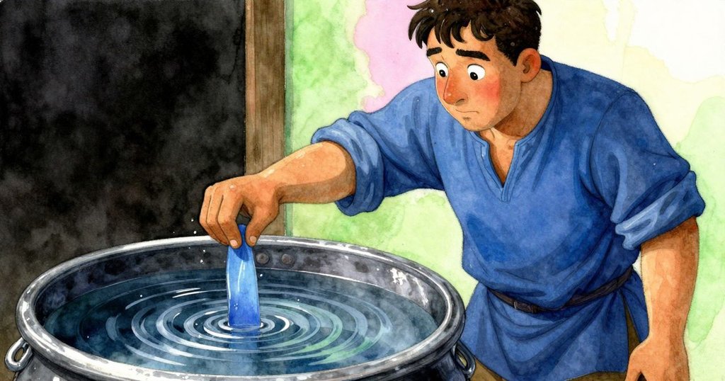 巴雷特仔細檢視藍染條，手指輕觸濕潤織物，光影中透露出驚喜的探索感