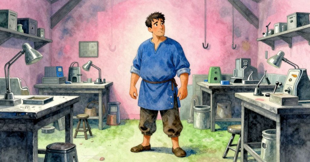 巴雷特站立穩重，望向整齊工作間，象徵事故無意，畫面流露和解與沉思