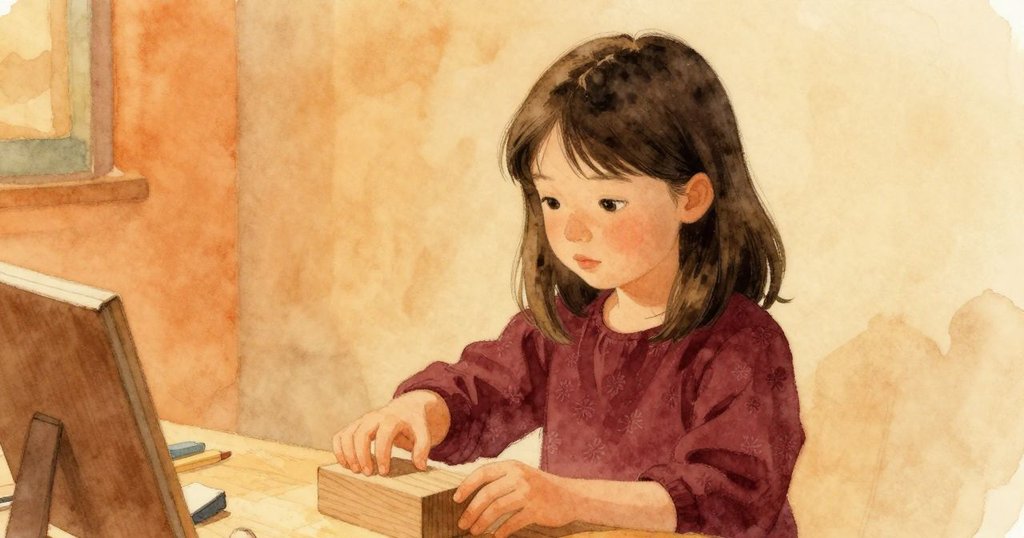 Lena靜靜地在工作室內碰觸櫻桃木印版,神情專注,桌燈柔光灑落,氛圍平靜溫暖