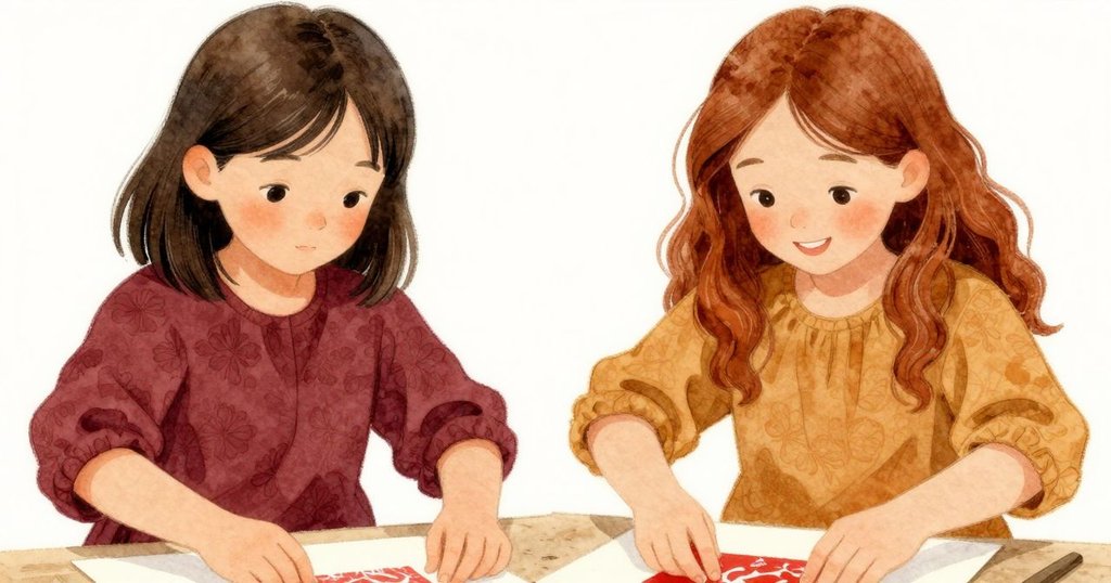 Lena與Ines急忙協調修正偏移的印紙,雙手伸出穩定紙張,動作中流露著專注與一絲緊張