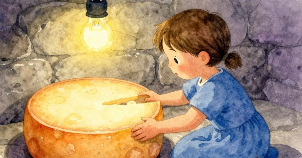 June在陰暗酒窖中探險,她伸手觸摸古老的起司輪,燈光柔和,神秘感十足。