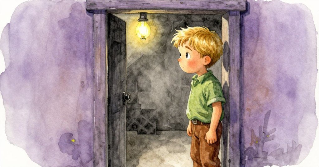 皮爾斯站在酒窖門邊,神情好奇地觀察June觸摸起司輪,燈光投下神秘陰影。