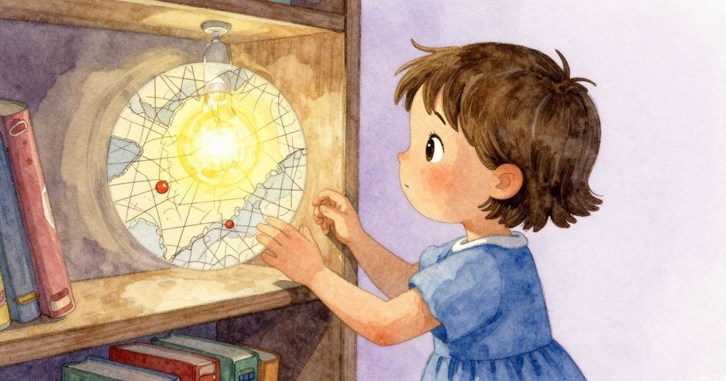 June彎腰仔細查看陳列架上缺塵的一圓形空白,細緻劃痕彷彿古老地圖,燈光投射下充滿神秘感。