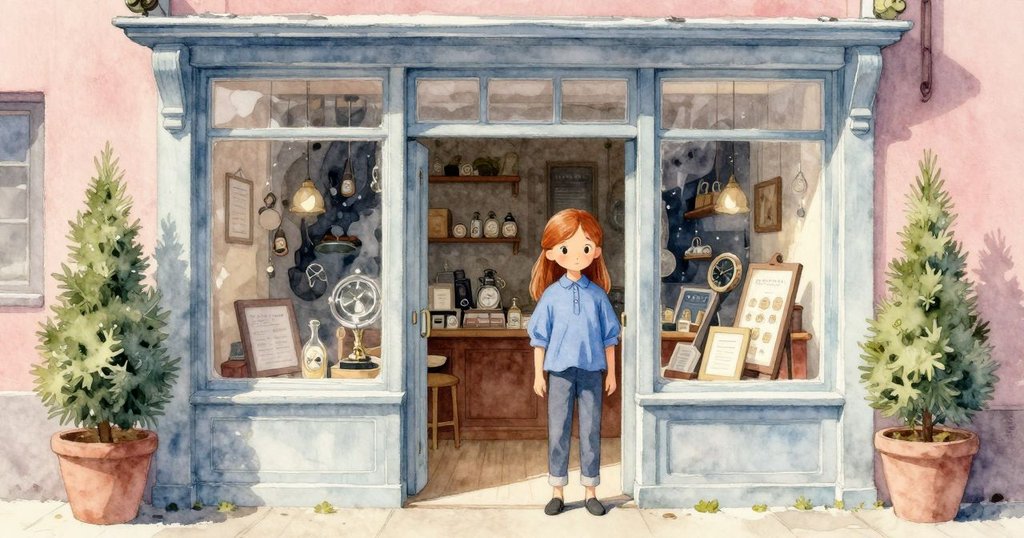 Cleo 在溫暖陽光下透過玻璃窗工作，街面古香古色，時鐘靜默展現店面魅力。