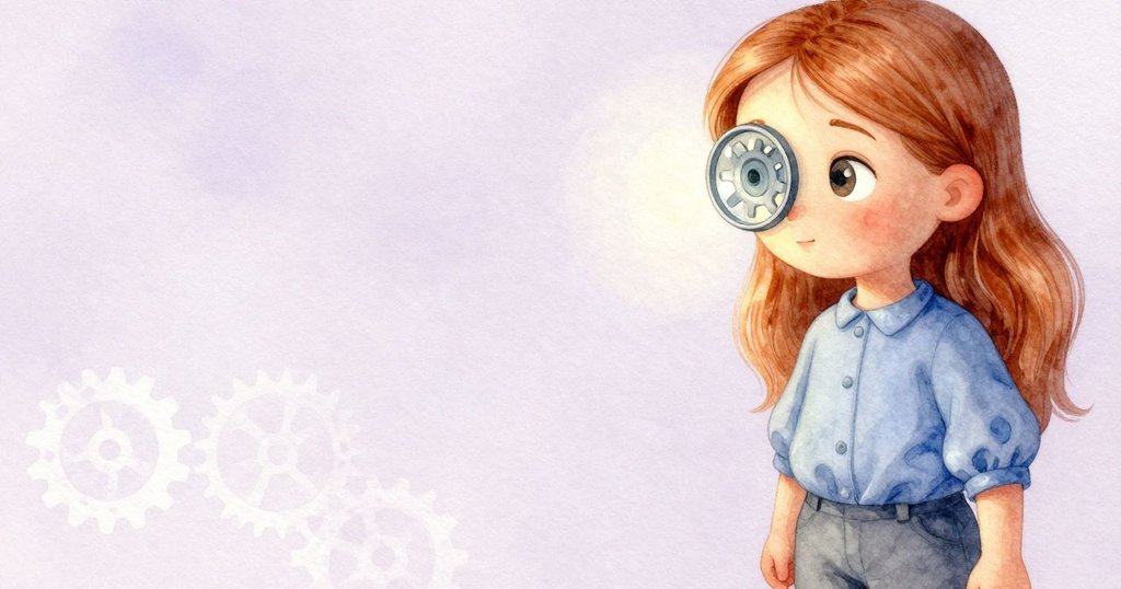 Cleo 專注凝視，通過放大鏡觀察精密齒輪，柔和燈光下眼中流露出熱誠與細膩工藝感。