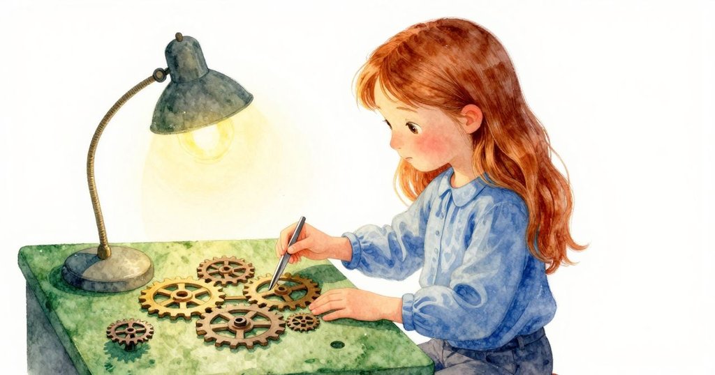 Cleo 認真地使用鑷子調整桌上微小齒輪，綠色毛氈與老舊工具交織成細膩機械美感。