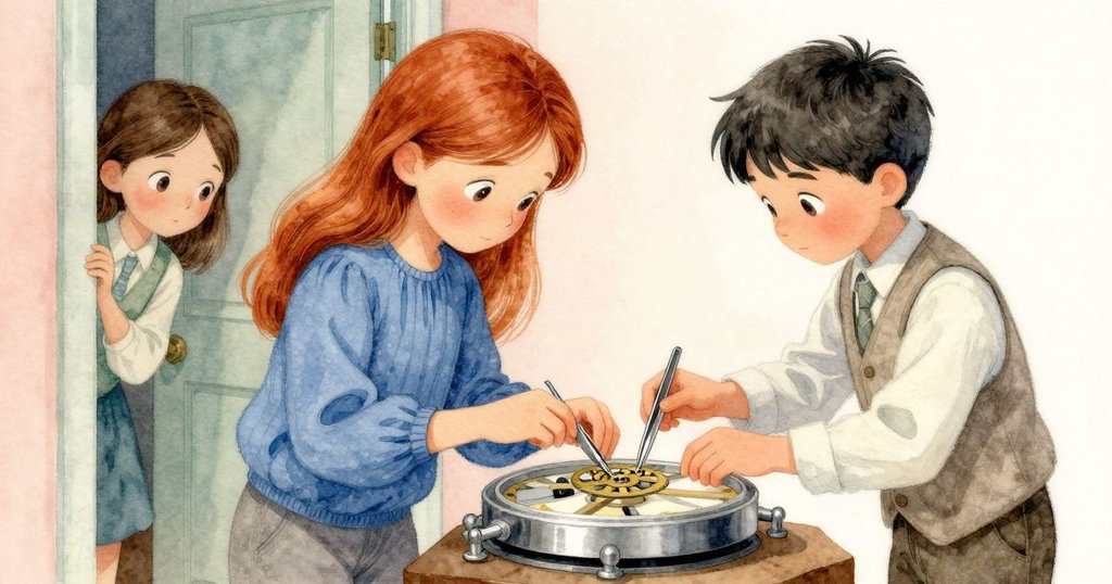 Cleo 使用鑷子精細調整逃逸輪，Waverly 從門口探望，動態場景中技藝與關懷互動展現。