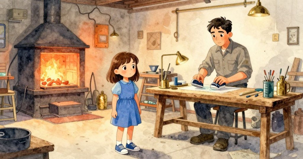 在工作室中，Lenora坐在木製長椅上，腳尖輕敲混凝土，背景中有樂隊練習，充滿溫暖與活力。