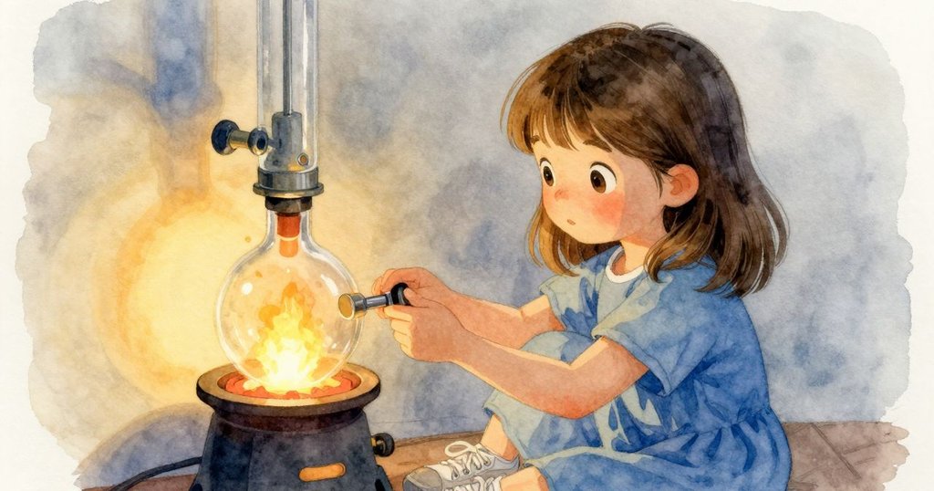 從背後角度看Lenora調整玻璃管，爐口穩定的白光映照著她專注的動作和溫暖的面頰。