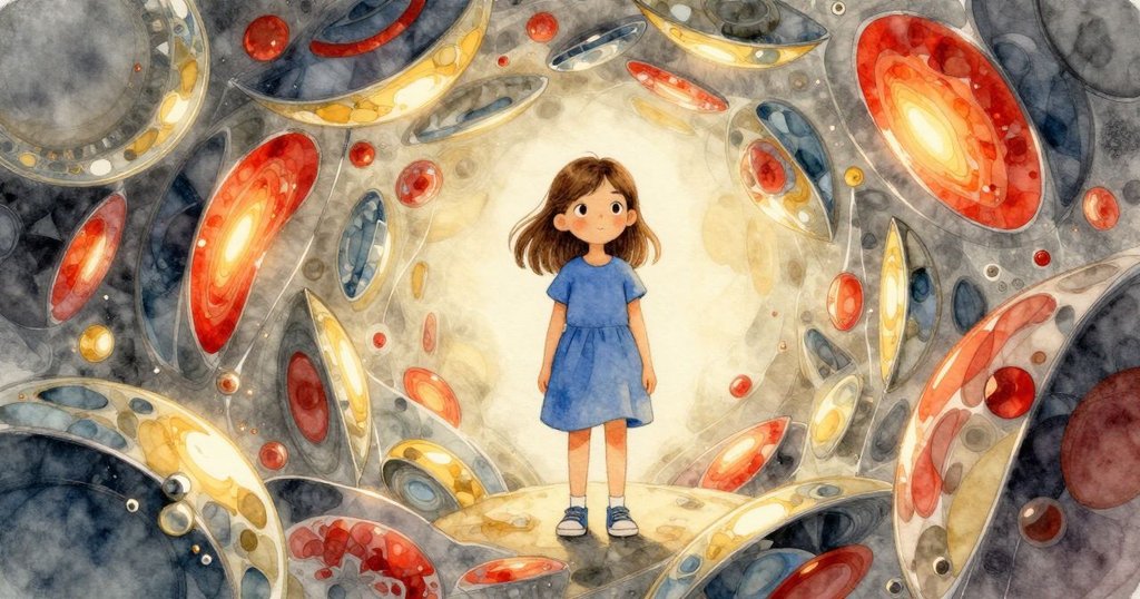 畫面呈現迷幻幾何圖形與旋轉玻璃，Lenora注視著玻璃變化，工作室彷彿進入超現實夢境，充滿神秘感。