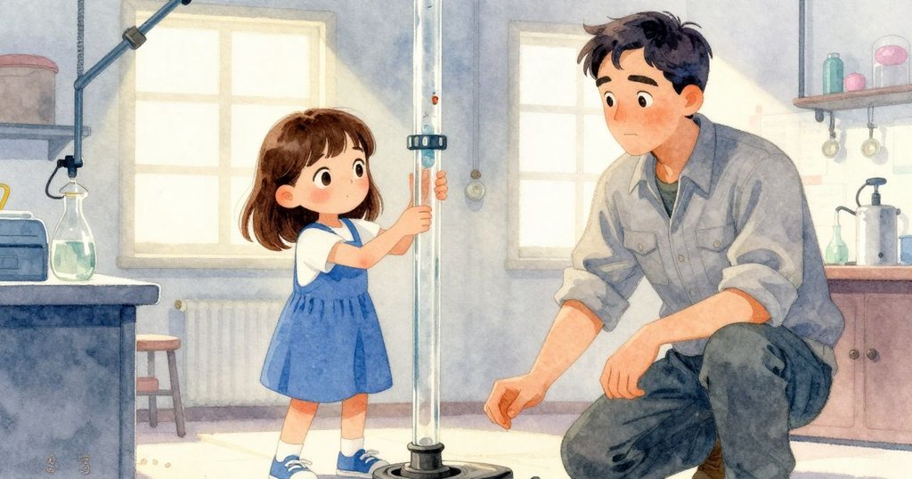 Lenora在操作玻璃管時節奏失衡，表情略顯挫折，背景中Darby注視著，氣氛充滿互助與堅持。