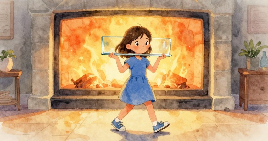 Lenora攜帶完成的玻璃製品走向出火口，溫暖琥珀色的爐光映襯著遠處的人群和騎士，充滿平靜與希望。