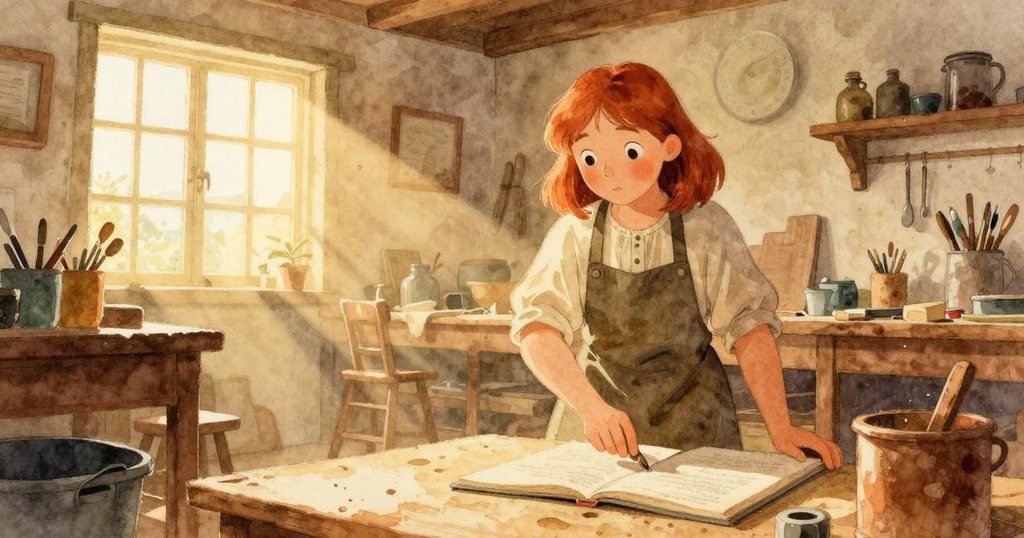 Verity踏入工作室，晨光溫暖灑入，充滿期待與好奇的表情，背景展現木櫃和大理石桌