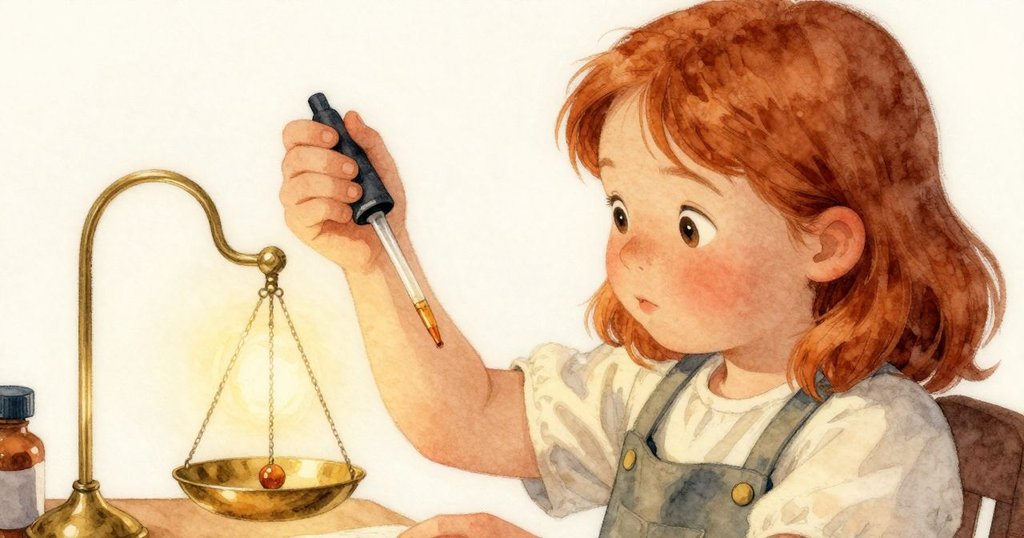 Verity專注操作玻璃吸管，細緻的琥珀珠逐漸成形，背景中傾斜的黃銅天平映出溫暖光芒