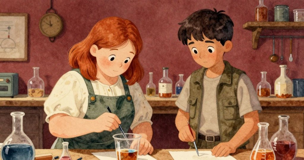 Verity與Rafael在充滿資料與工具的工作室中合作，專注處理實驗用品，畫面層次分明，暖色光線籠罩