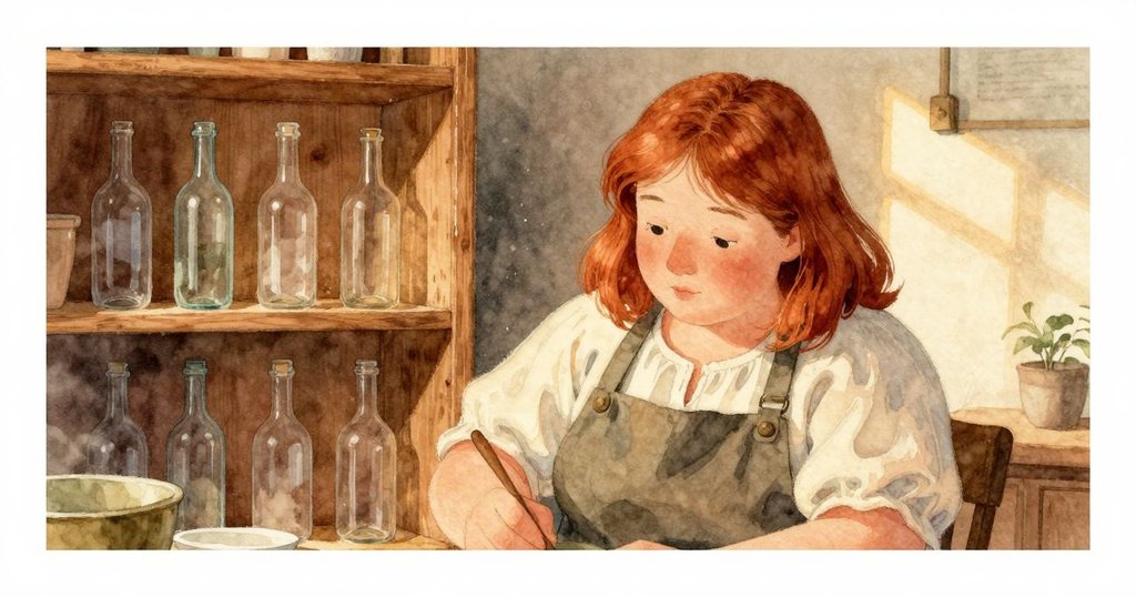 Verity站在雪松架旁，輕輕嗅聞空瓶散發的淡淡香味，細微木屑隨光線飄舞，氛圍寧靜