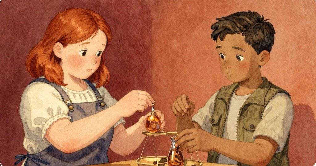 Verity小心滴加檀香，天平終於平穩，Rafael輕輕點瓶表示認同，兩人目光交流中透露驚喜