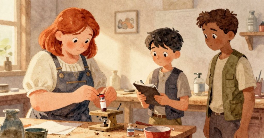 Verity鎖好瓶蓋並記下實驗結果，Rafael靜靜站在旁邊，平衡的天平在午後光芒中閃耀，結束一天的工作