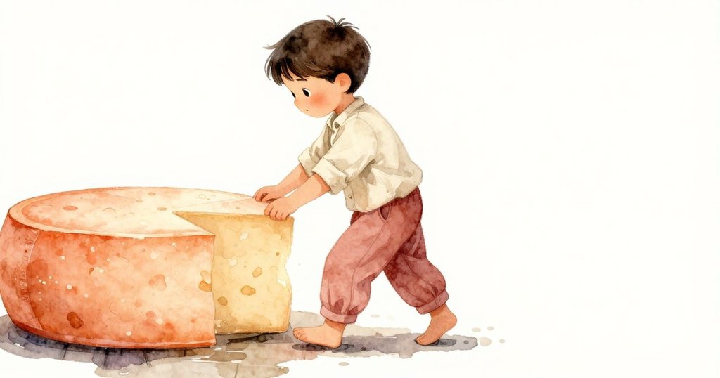 蘇利文沿著石窖狹長通道輕步前進，濕潤地面映出柔光，他注視著架上待製作的起司，神情好奇