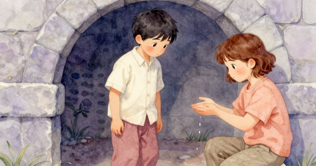 濕潤滴珠從石拱上優雅落下成星，兩兄弟靜觀滿意，窖內氛圍圓融溫馨，展現傳統與和諧