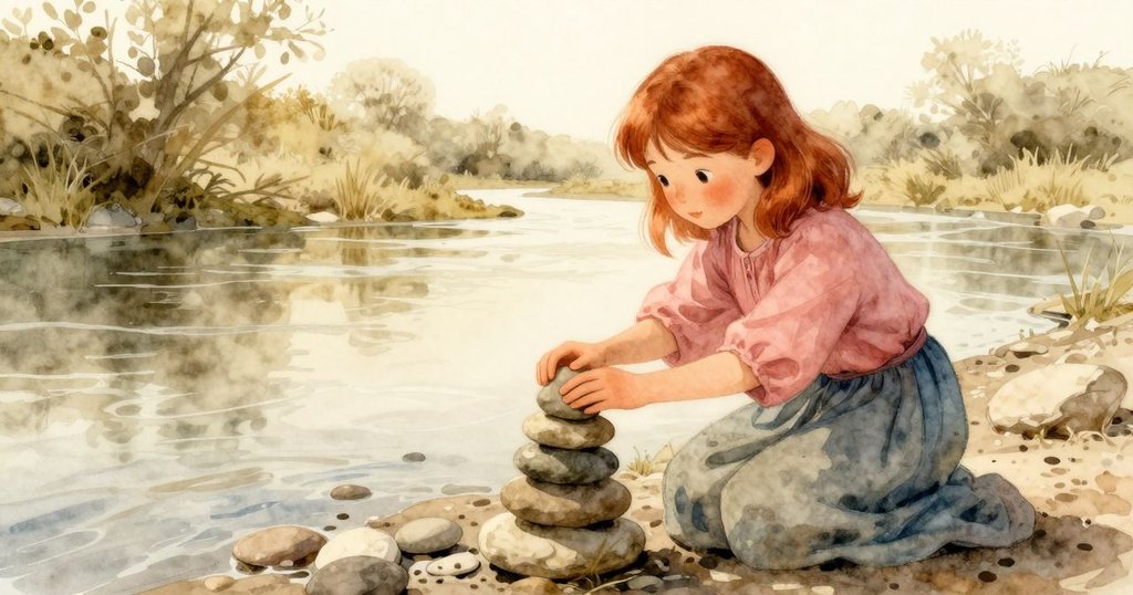 Winona在河邊選擇石頭堆疊, 周圍有翠綠水草與緩流, 神情平靜, 充滿大自然和諧氛圍