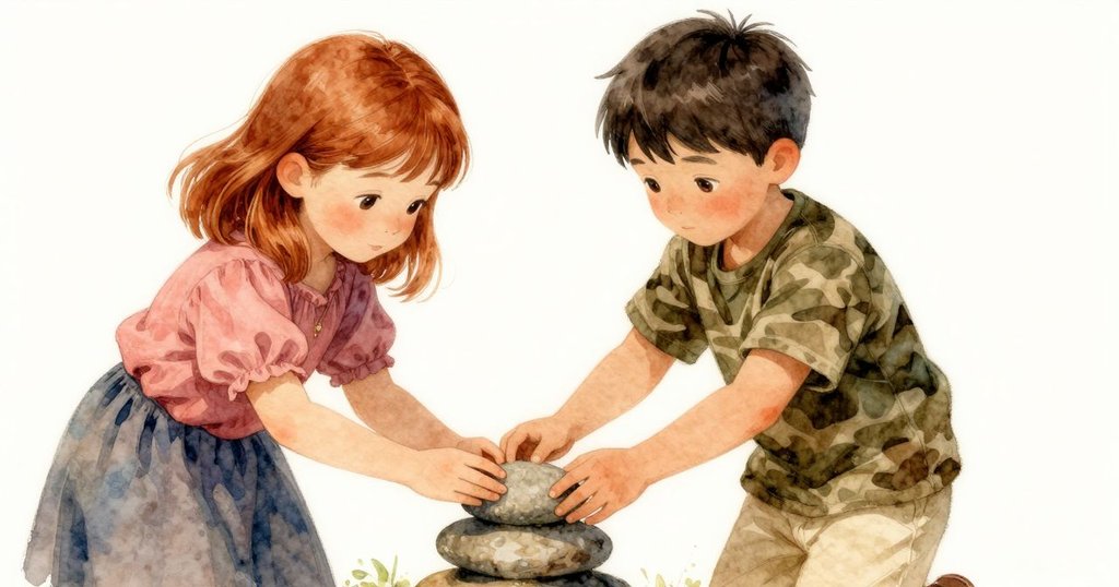 Winona的雙手精心將光滑石頭加入石堆, 映現出河流節奏, 細節豐富且溫馨