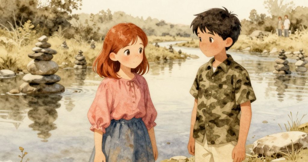 河面映出Winona與Dale的身影及石堆, 輕柔波紋中透露出大自然的靜謐與協調