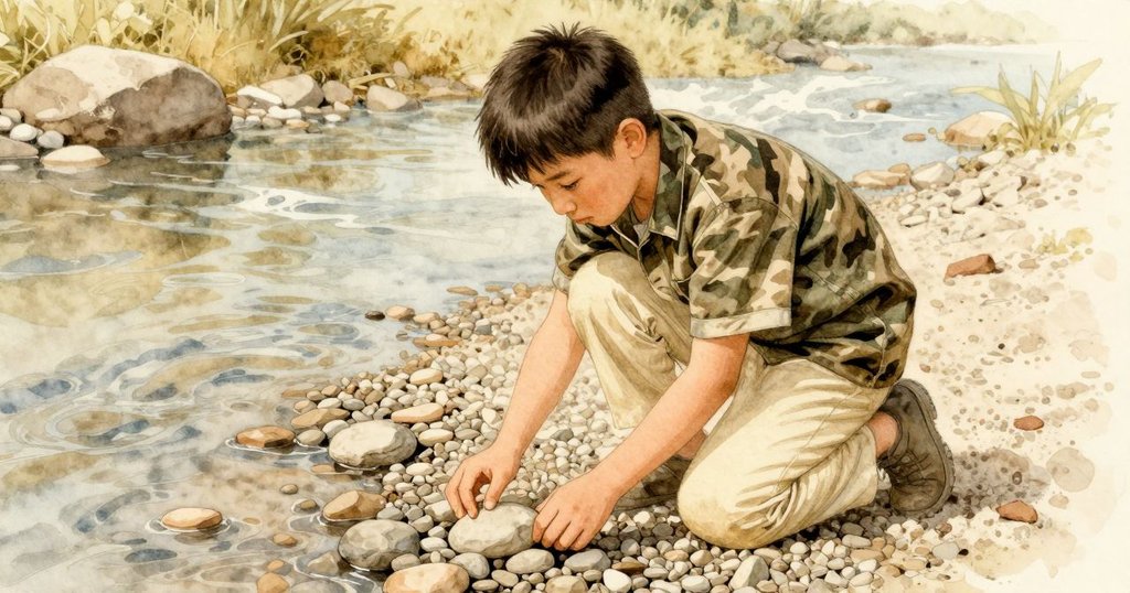 Dale在河邊碎石上堆疊石頭, 空間彷彿過渡地帶, 燈光柔和透露出期待與平靜