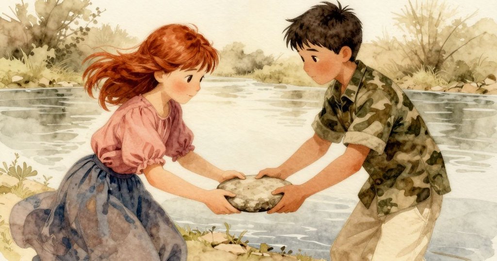 Dale將平薄石塊滾向Winona, 兩人於河邊互動, 神情專注以重塑和諧節奏