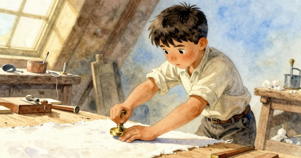 Yannick在工作坊中使用黃銅印章在拉伸棉布上按壓，工作環境溫暖並充滿動感，呈現故事開端