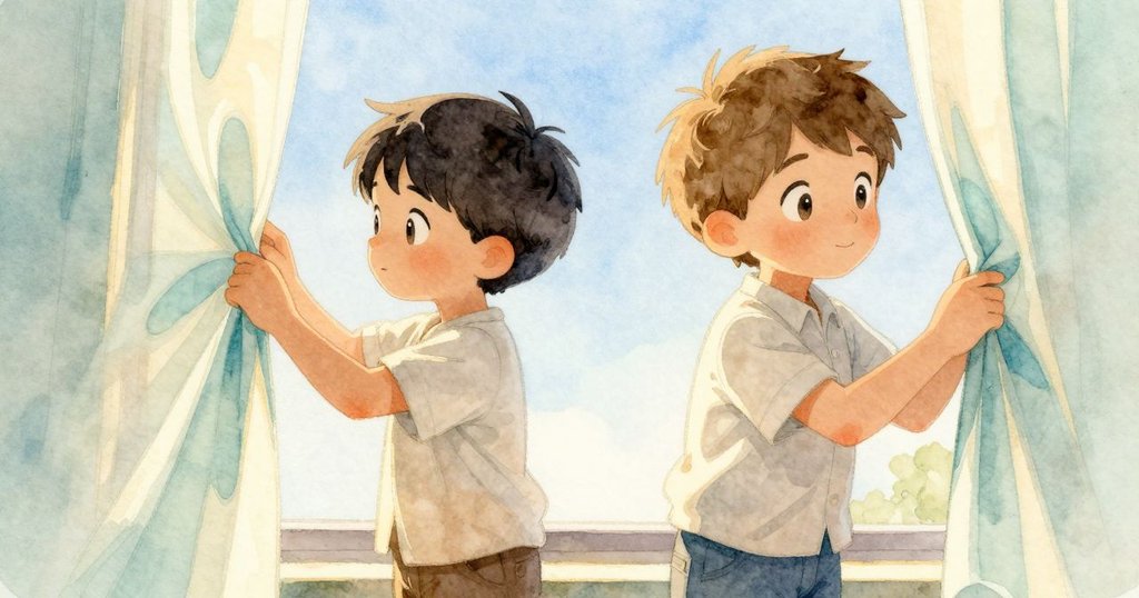 Yannick在窗邊輕輕傾斜棉布，捕捉微光閃爍，展現私密發現，故事進入細膩時刻