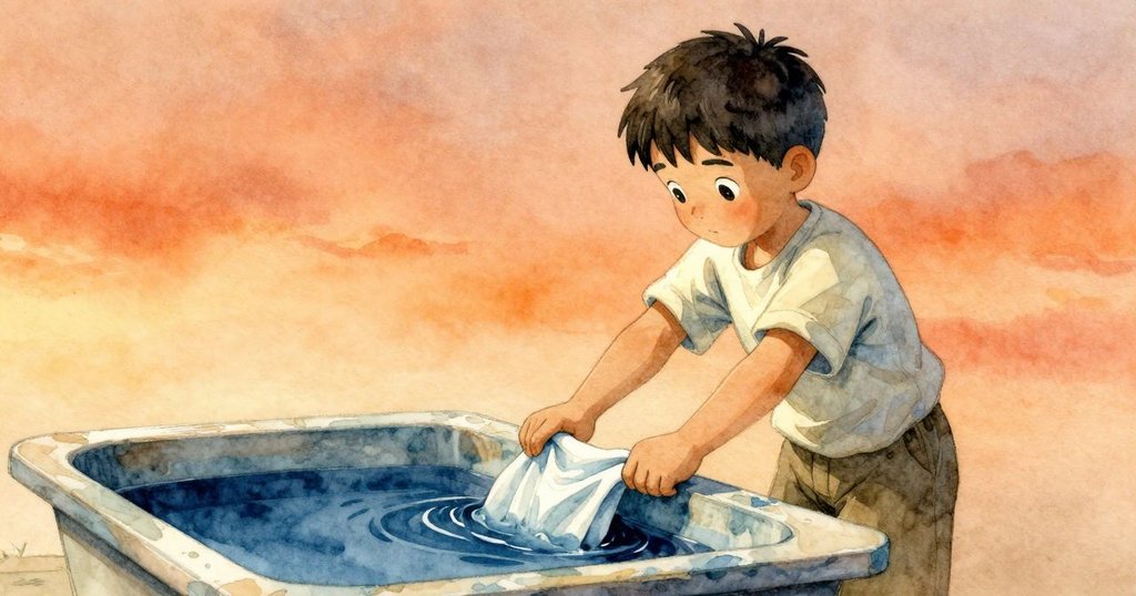 Yannick正將棉布推向深藍染缸，桌緣與水槽形成過渡空間，顯示期待的轉變，故事情節漸入高潮