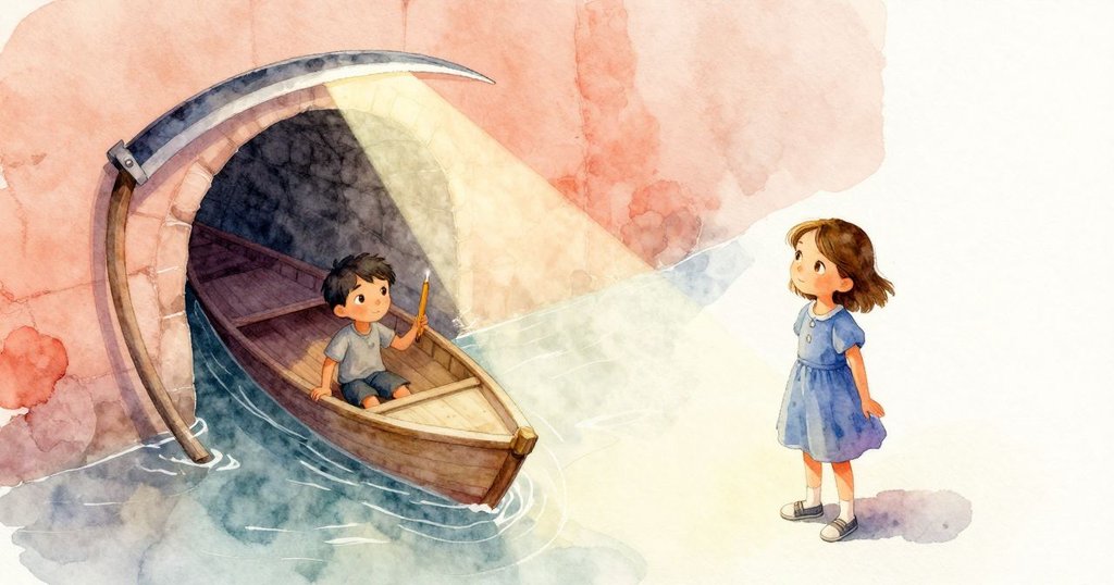 Esme與Drake乘著筏子進入隧道，彩繪鐮刀在陽光照射下顯得特別醒目，兩人神情專注於探索環境