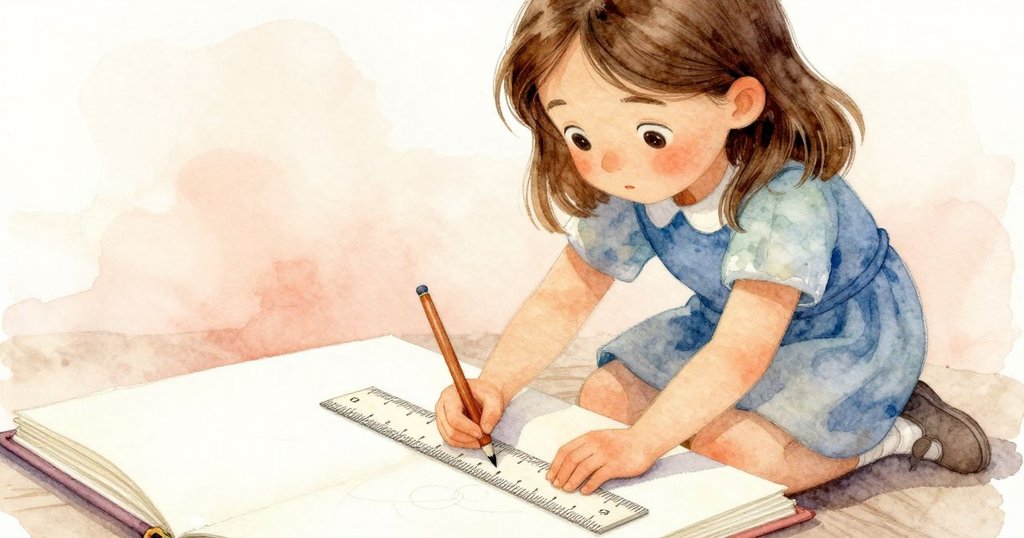 Esme專注地展開口袋尺子和鉛筆，正細緻地在素描本上記錄隧道線條，手部細節清晰溫柔