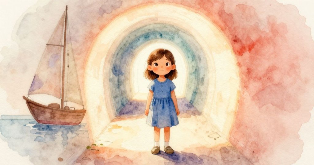 從Esme視角看去，牆上褪色的帆船與隧道完美契合，她暫停測量，流露出驚喜和好奇的神情