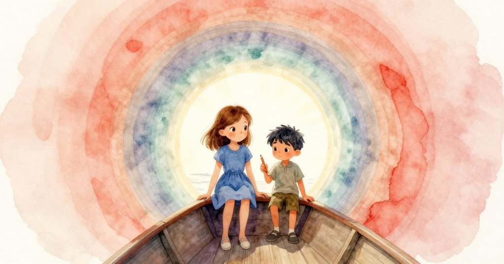 Esme與Drake在寬敞隧道出口迎接灑落的陽光，牆上的圖案隨光變幻，他們滿眼驚奇欣賞變化