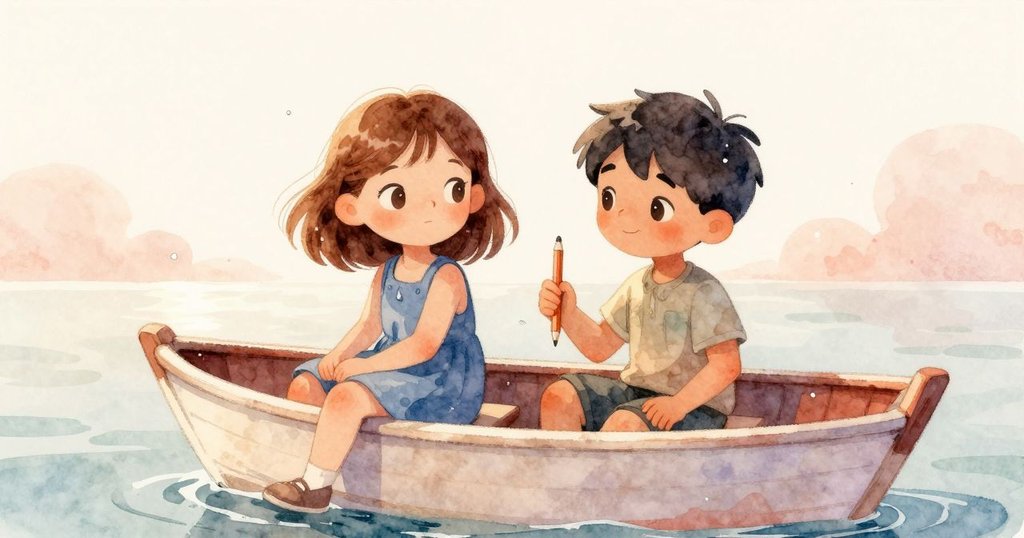 Esme與Drake放下工具，靜享陽光下閃爍的水珠，船隻漸近終點，兩人神情平和滿足，旅程圓滿落幕