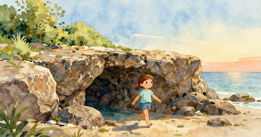 凱雅踏向海邊潮池入口，岩石上有潮濕爪印，海濱景色，充滿好奇與期待