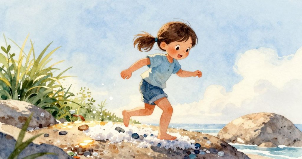 凱雅赤腳輕步走過鹽霜覆蓋的岩石，散落海玻璃閃爍微光，環境清新充滿探索感