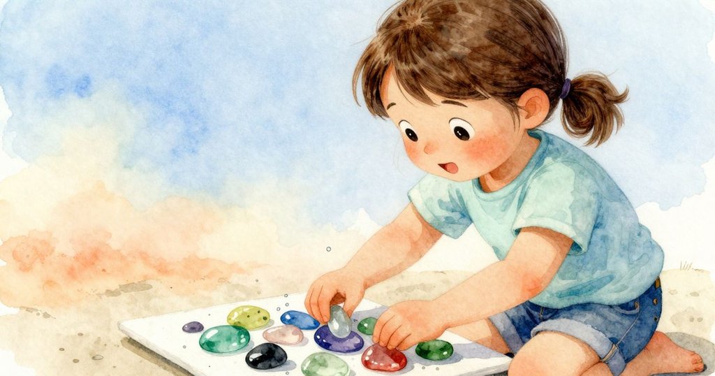 凱雅專注整理彩色海玻璃，手指輕觸棉布上閃爍水珠，細膩動作展現專注情感