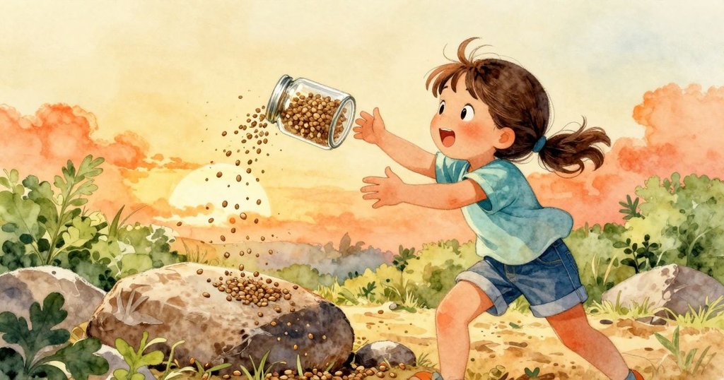 凱雅驚訝之餘伸手攔截風吹散的香菜種子，背包敞開顯現意外狀態，動作生動