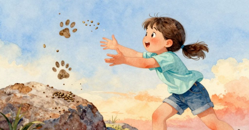 凱雅全力奔跑伸手捉香菜種子，種子向岩石爪印落下發出神秘光芒，動作充滿生氣