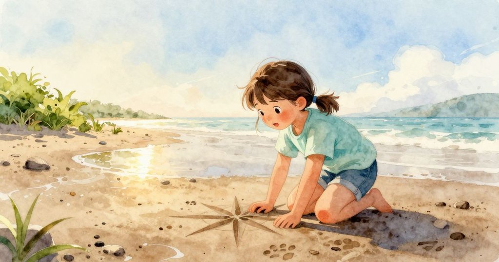 凱雅靜坐於潮池邊，凝視變化神奇的爪印，水面輕輕起伏映出柔和光線，心中滿懷驚奇